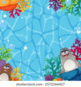 Playful seals amidst vibrant coral and bubbles