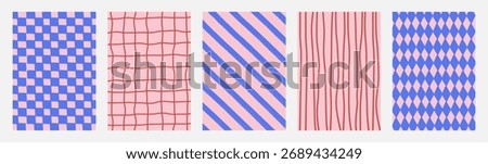 Playful seamless backgrounds with abstract geometric and hand-drawn patterns in pink and blue. Modern whimsical textures with stripes, diamonds, grids, and wavy lines. Flat vector illustration.