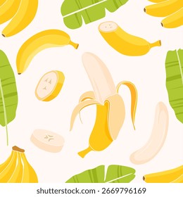 Spielerisches nahtloses Bananenfruchtmuster mit ganzen Bananen, Scheiben und tropischen Blättern auf hellem Hintergrund. Ideal für Kinder, Sommer, Tapeten, Textilien und Verpackungen.