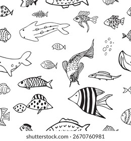 Playful seamless black-and-white doodle pattern with cute cartoon fish, perfect for textiles, wallpapers, packaging, and creative design.