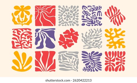 Playful seamless botanical pattern with flowing wavy lines, naive florals and exotic leaves, beach vacation theme, ideal for modern prints and textiles..