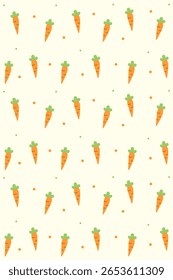 Playful seamless carrot pattern on a soft pastel yellow background. Perfect for kids' products, eco packaging, food-themed prints, or spring decorations.