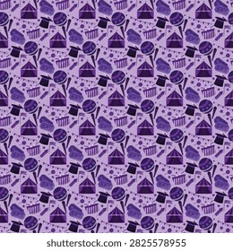 Playful seamless circus-themed pattern featuring colorful circus tents, drums, trumpets, juggling clubs, stars, crescent moons, and decorative carnival elements in a purple monochromatic palette. Perfect for children's products, party decorations, textiles, wrapping paper, wallpapers, and festive packaging.