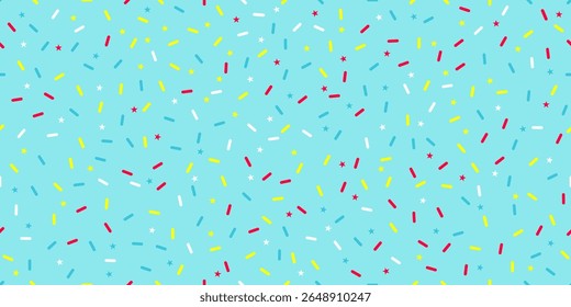 Padrão de polvilho de confetes sem costura lúdico com estrelas e formas em cores vívidas no fundo azul, perfeito para temas de festa, envoltório de presente ou desenhos festivos.