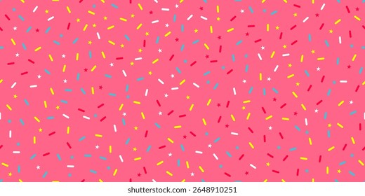 Padrão de polvilho de confetes sem costura lúdico com estrelas e formas em cores vívidas no fundo rosa, perfeito para temas de festa, envoltório de presente ou desenhos festivos.