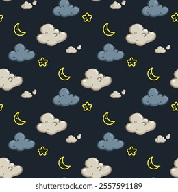 A playful seamless cute cloud on night sky pattern, perfect for kids' bedding, fabric, wallpaper, wrapping paper, and T-shirt prints. vector art for cheerful children's designs.