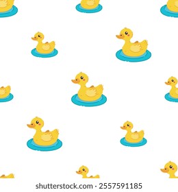 A playful seamless cute yellow duck swimming pattern, perfect for kids' bedding, fabric, wallpaper, wrapping paper, and T-shirt prints. vector art for cheerful children's designs.