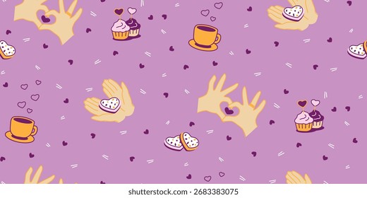 Patrón juguetón sin fisuras del día de San Valentín con el fondo rosado, tazas de café, cupcakes, manos voladoras que forman corazones y dulces pasteles románticos