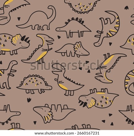 Playful seamless dinosaur pattern hand-drawn doodle-style illustrations of various dinosaurs on a warm neutral background. Perfect for kids' textiles, nursery wallpaper, toddler clothing, gift wrap