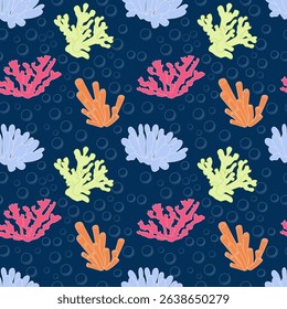 Playful seamless doodle coral reef on deep blue background. Hand-drawn style vector pattern for wallpapers, textiles, kids' designs. Whimsical ocean theme.
