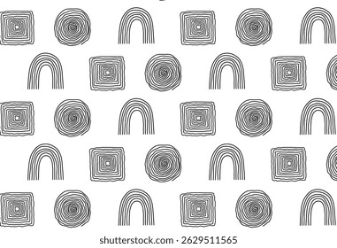 Playful seamless doodle pattern with squares, rainbows, and circles. Hand-drawn style. Perfect for kids' decor, scrapbooking, and creative packaging.