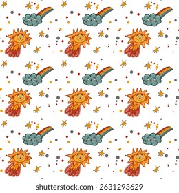 Playful seamless doodle pattern, sun, rainy cloud and rainbow, for cheerful festive and children’s projects, nursery and baby room decoration, fabric prints and packaging, fun backgrounds