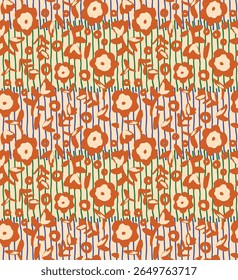 Playful seamless floral pattern with abstract red flowers, green stems, and wavy lines on a light background. Fun, modern, and colorful design.

