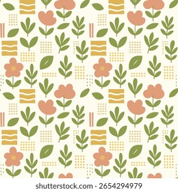 Playful seamless floral pattern with abstract cartoon flowers, leaves, and geometric elements in muted tones. Ideal for children's designs, textiles, and whimsical backgrounds