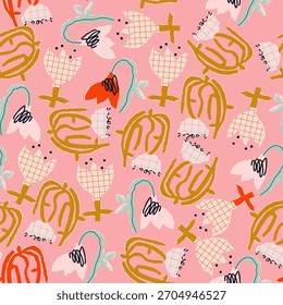Playful seamless floral pattern in naive style with bold hand-drawn shapes, grid textures, and irregular blossoms on a soft pink background. Modern, whimsical, decorative, artistic design