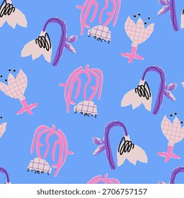 Playful seamless floral pattern in naive style with bold hand-drawn shapes, grid textures, and irregular blossoms on a blue background. Modern, whimsical, decorative, artistic design 