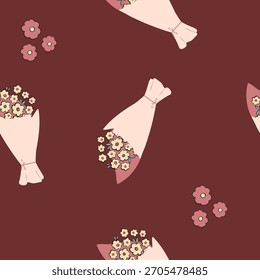 Patrón floral inconsútil juguetón con los ramos Pequeños en floreros en un fondo burdeos, ideal para las tarjetas de felicitación o el empaquetado del regalo.