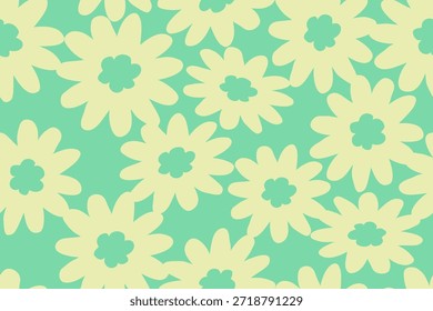 Un patrón floral sin fisuras juguetón con Formas de margaritas amarillas suaves sobre un fondo verde menta, creando un diseño botánico fresco y de inspiración retro.
