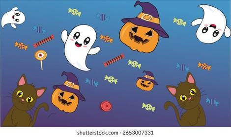 Playful seamless Halloween pattern featuring cute ghosts, smiling jack-o'-lanterns with witch hats, black cats, and colorful candies scattered across a vibrant blue background,