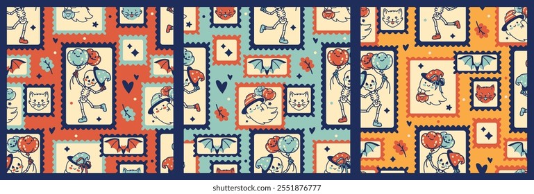 Playful seamless Halloween patterns. Bright retro backgrounds with stamps, funny skeletons, cute ghosts, bats, and quirky cats. Spooky festive designs, textiles, wrapping paper, and holiday projects