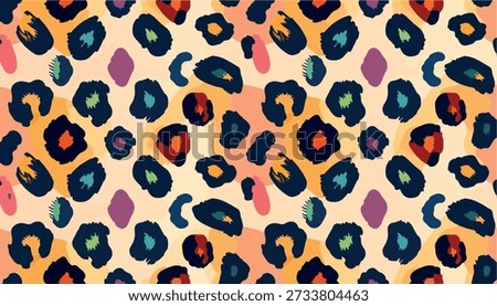 Playful seamless leopard pattern with colorful abstract spots on a soft pastel background. Fun and modern design perfect for kids textiles, wallpapers, nursery decor, fabric, packaging and creative projects.