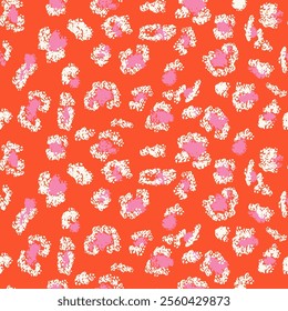 Playful seamless leopard-inspired pattern pink tones on a vibrant orange background. Vector designs for fashion, home decor, or creative projects. A bold, colorful twist on a classic animal print
