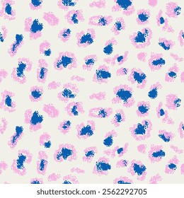 Playful seamless leopard-inspired pattern pink and blue tones on a light background. Vector designs for fashion, home decor, or creative projects. A bold, colorful twist on a classic animal print