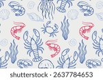 Playful seamless marine pattern with hand-drawn sea creatures, including lobsters, crabs, shrimp, jellyfish, and shells in blue and red on a light background. Vector illustration