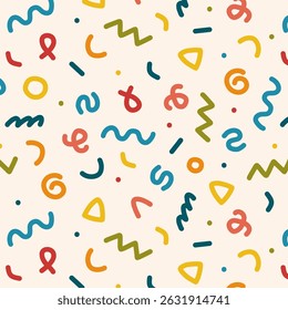 Playful seamless Memphis style pattern with colorful geometric doodles on a light background. Perfect for kids’ designs, textiles, wrapping paper, stationery, branding, and digital products.

