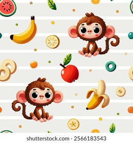 Playful seamless monkey pattern, tropical fruits, banana, orange, jungle wildlife, cute animal, cheerful design, universal vibrant kid friendly, fun decorative repeat, sitting pose, simple adorable