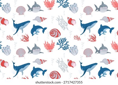 Un patrón de océano juguetón y sin fisuras con ballenas, delfines, tiburones, conchas marinas y coral en azul, rojo y gris sobre un fondo blanco.