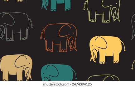 A playful seamless pattern of abstract elephant illustrations set against a dark background, ideal for whimsical and artistic designs in various projects.