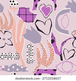 Patrón sin fisuras juguetón con corazones abstractos dibujados a mano, Formas florales, recortes geométricos y texturas de garabatos en tonos rosa pastel, lila y púrpura. Fondo de estilo naif artístico moderno para textiles, envases, Fondos de pantalla y papelería