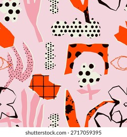 Playful seamless pattern with abstract hand-drawn hearts, floral shapes, geometric cutouts and doodle textures in pastel pink, red and white tones. Modern artistic naive-style background for textiles, packaging, wallpapers and stationery