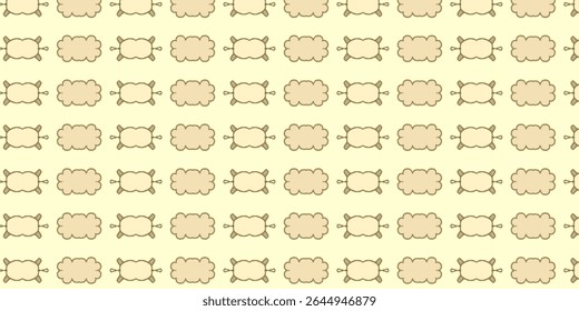 Playful seamless pattern of beige cartoon sheep with bows on a pale yellow background, perfect for kids' textiles or nursery wallpapers.