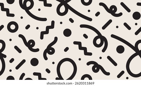 Playful seamless pattern with black hand drawn doodle lines and shapes. Minimalist and creative background design, perfect for kids, party themes, or fun modern projects.