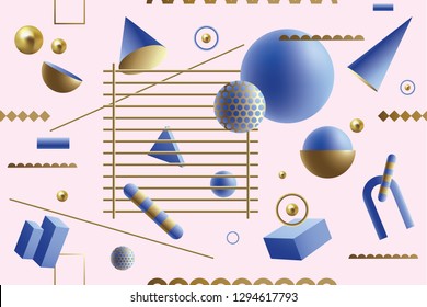 Playful seamless pattern with blue and gold 3D geometric shapes floating on a pink background