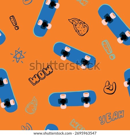 Playful seamless pattern with blue skateboards, doodles, fire icons, star, exclamation marks and words WOW and YEAH on bright orange background. Trendy print for kids streetwear, textile and decor.