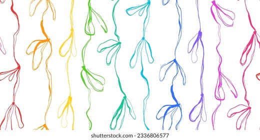 Playful seamless pattern - bows, ribbons, knots. Imperfect rainbow rope laces. Abstract vector colorful vibrant print. Simple line minimalism.