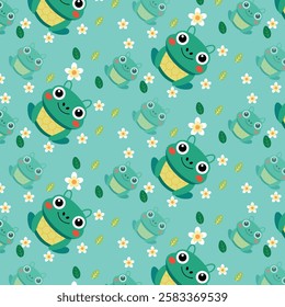 Playful Seamless Pattern with Cartoon Frogs, Flowers, and Leaves on Teal Background