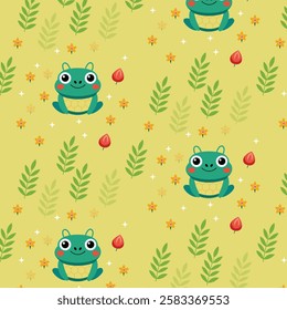 Playful Seamless Pattern with Cartoon Frogs, Flowers, and Leaves on Yellow Background