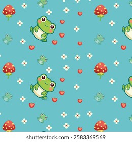 Playful Seamless Pattern with Cartoon Frogs, Flowers, Hearts, and Mushrooms on Light Blue Background