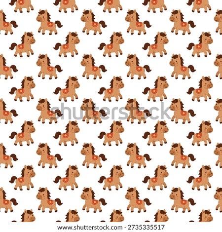 Playful seamless pattern of cartoon horses, light brown with dark manes, some with red saddles, arranged in a repeating grid on a crisp white background.