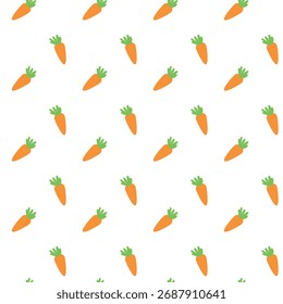 Brincalhão padrão sem emenda de cenouras laranja estilo desenho animado com tops verdes espalhados em várias direções em um layout limpo