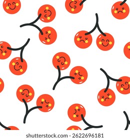 Playful seamless pattern with cherries showing happy and sad facial expressions on white. Cute and cartoonish vector illustration.