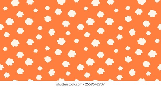 Playful seamless pattern with cloud shapes scattered on a bright orange background. Plain minimalist print for children's designs, bold wallpapers, stationery, and cheerful creative projects.