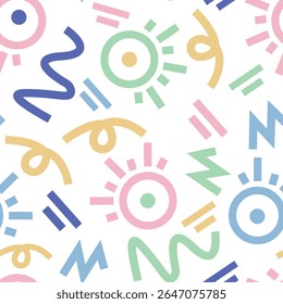 Padrão perfeito e divertido com símbolos abstratos coloridos, círculos, rabiscos e linhas em um fundo branco. Ideal para designs infantis, embalagem divertida, marca criativa e decoração alegre.