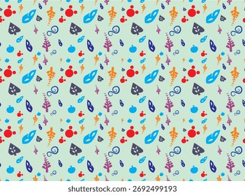 Playful seamless pattern with colorful abstract leaves and fruit shapes in red, blue, orange, and purple on a light green background, perfect for fabric design, wrapping paper, and creative decoration