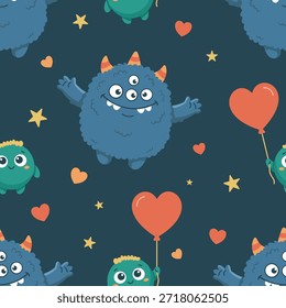 Playful seamless pattern of colorful cute monsters offering free hugs. Vector flat design boy-friendly Valentine background for children's clothing, baby textiles, and funny party decor.