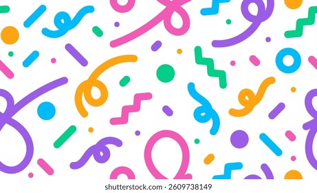 Playful seamless pattern with colorful hand drawn doodle lines and shapes. Minimalist and creative background design, perfect for kids, party themes, or fun modern projects.